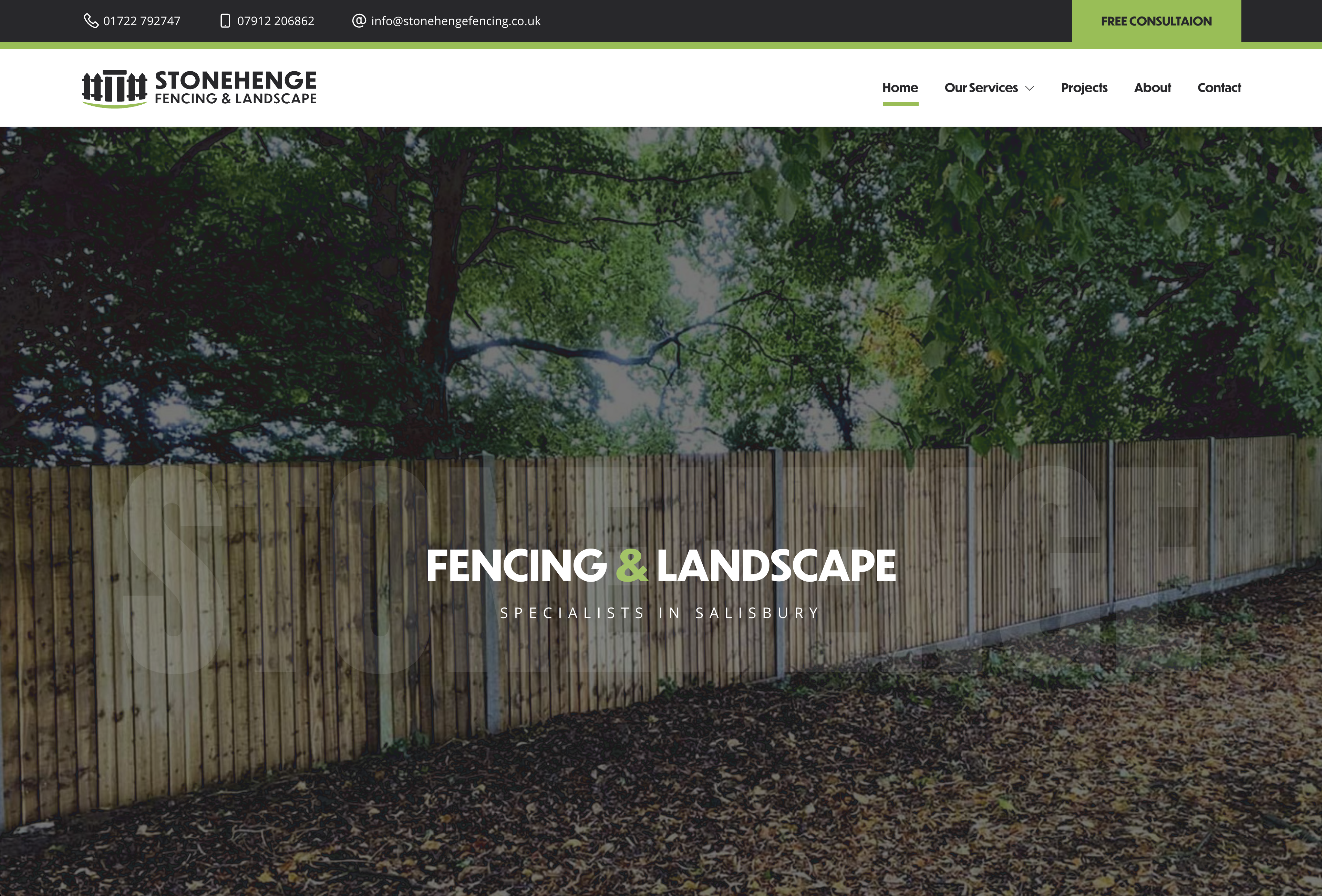 Stonehenge fencing and landscape website home page introduction.