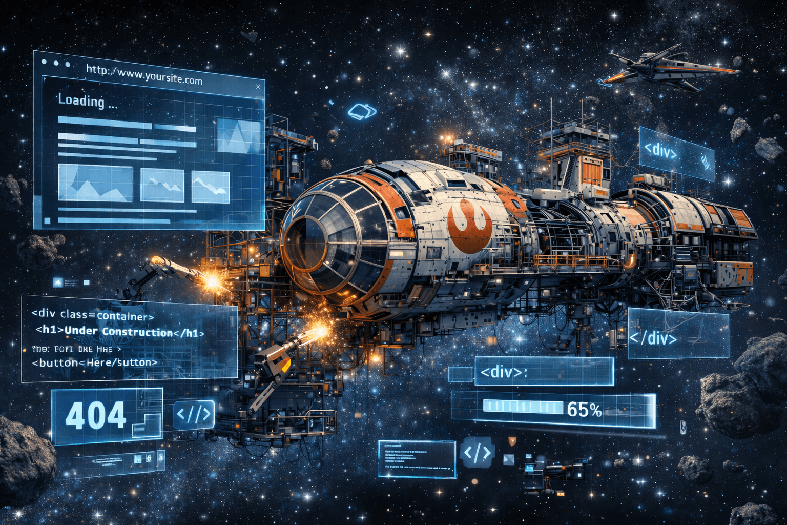 Graphic image of a rocket flying through a galaxy with incomplete or half finished ui elements sourounding it