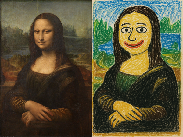 The real mona lisa on the left and a cartoon cheap version of the mona lisa on the right.